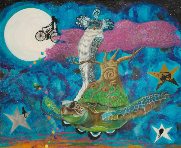 flying turtle owl painting by zoé keleti