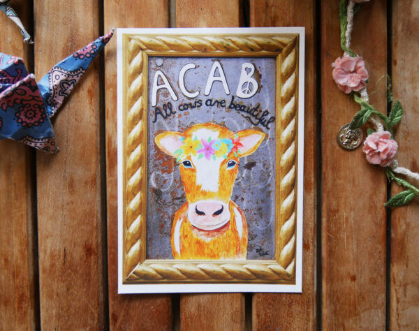 acab all cows are beautiful cow with flowercrown painting postcard