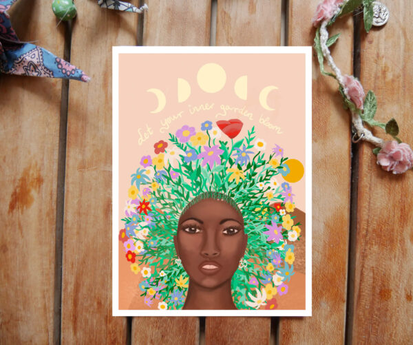 inner garden woman flowerhair postcard on bamboo paper by zoé keleti
