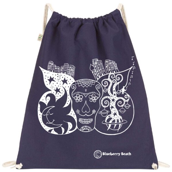 Orbag with a sugar skull with butterfly wings on it, the sun and moon kissing, and the tree of life in the wings, printed with screen print