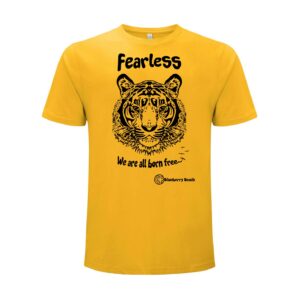 Organic t-shirt with screen print tiger fearless we are all born free