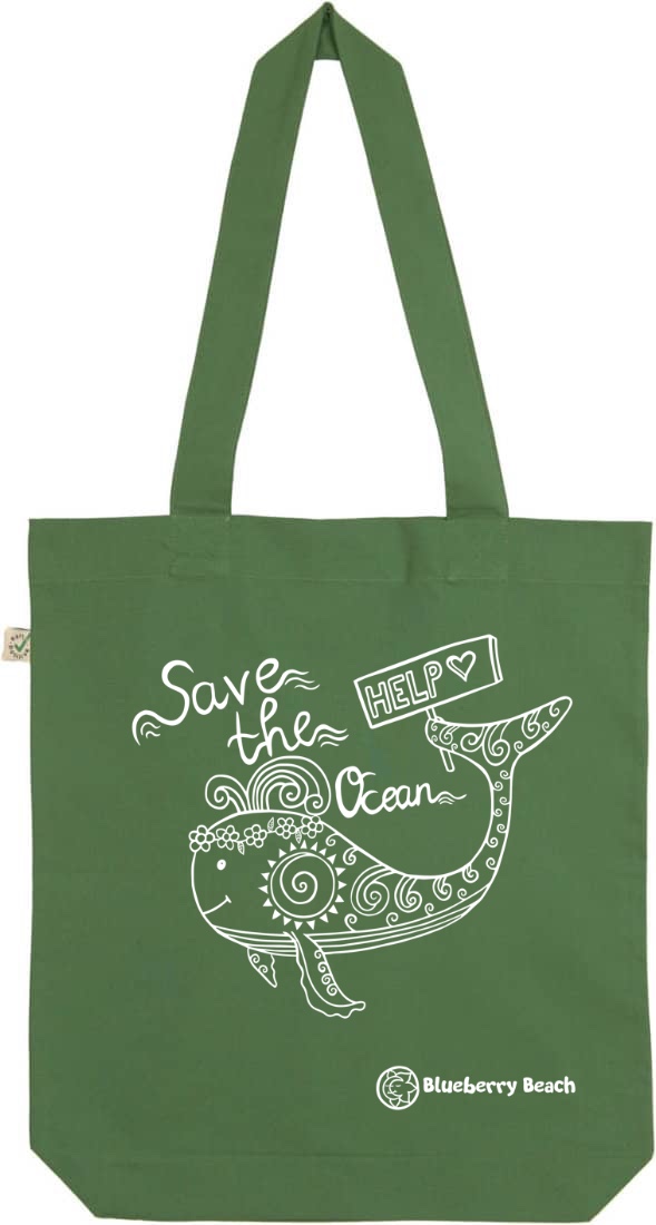 Save the ocean whale leaf green tote bag