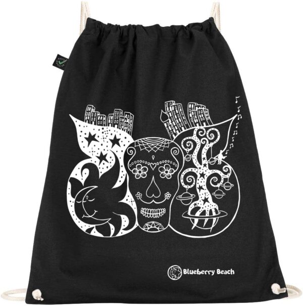 Organic cotton gym bag with a sugar skull with butterfly wings on it, the sun and moon kissing, and the tree of life in the wings, printed with screen print
