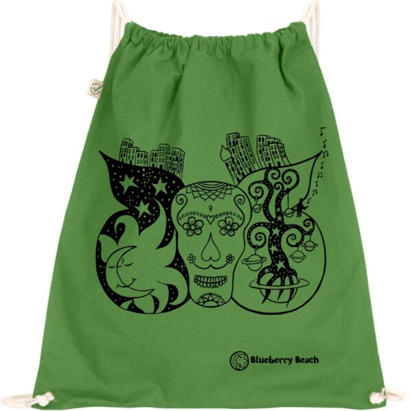 Organic cotton gym bag with a sugar skull with butterfly wings on it, the sun and moon kissing, and the tree of life in the wings, printed with screen print