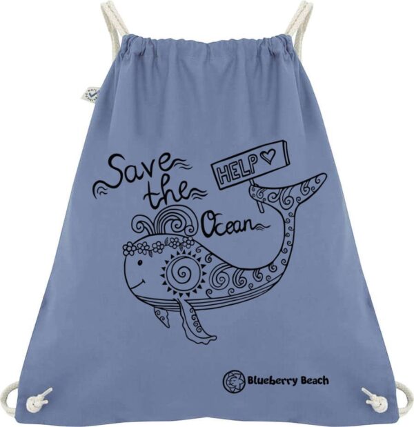 Organic gym bag with save the ocean and a whale with flower crown screen printed in it