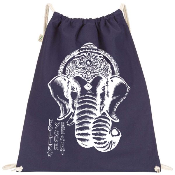 Organic cotton gym sack with Ganesha screen print on it and follow your heart text