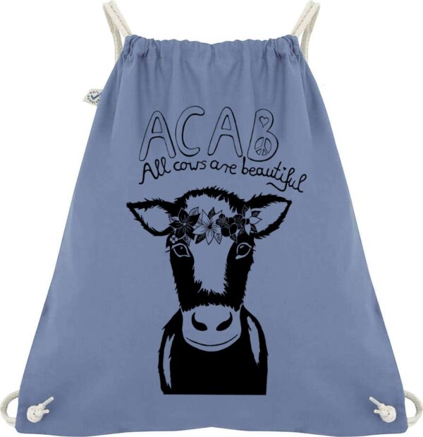 Organic bag with acab all cows are beautiful and a cow with flower crown screen printed on it