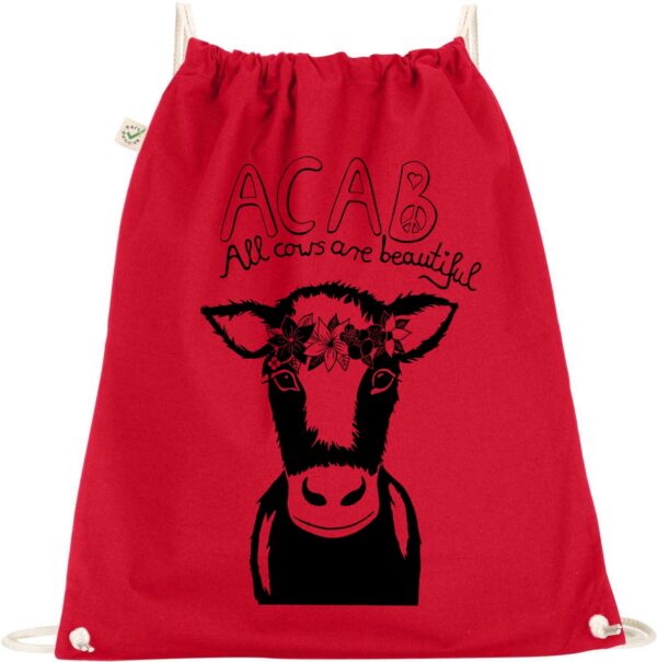 Organic bag with acab all cows are beautiful and a cow with flower crown screen printed on it