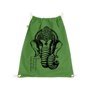 Organic cotton gym sack with Ganesha screen print on it and follow your heart text