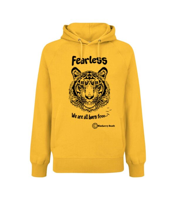 Organic hoodie with screen print tiger fearless we are all born free