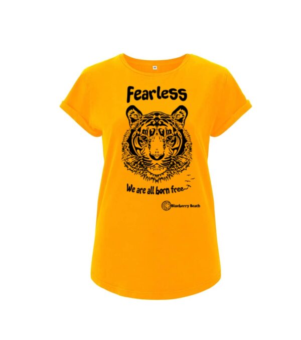Organic t-shirt with screen print tiger and fearless we are all born free