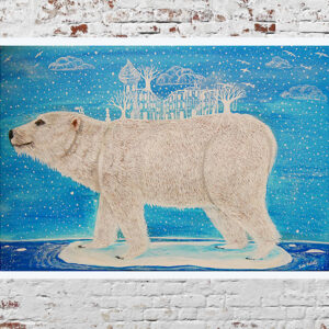 polar bear on a melted ice island with a white city on the back, fine art print of a painting by zoé keleti