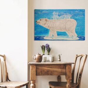 polar bear on a melting ice island canvas art print, surreal climate change painting