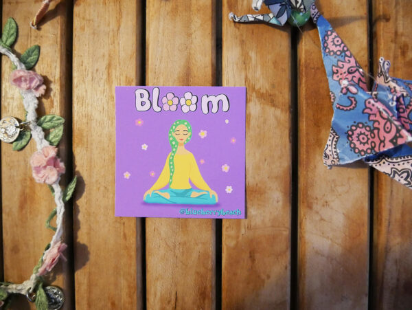bloom meditation women with flower hair sticker