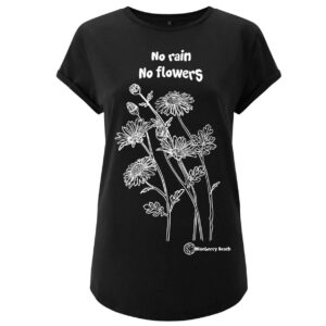 no rain no flowers daisy screenprint black organic t-shirt