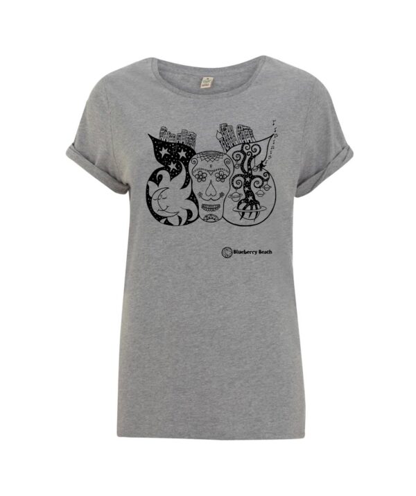 gray organic t-shirt with sugar skull screen print