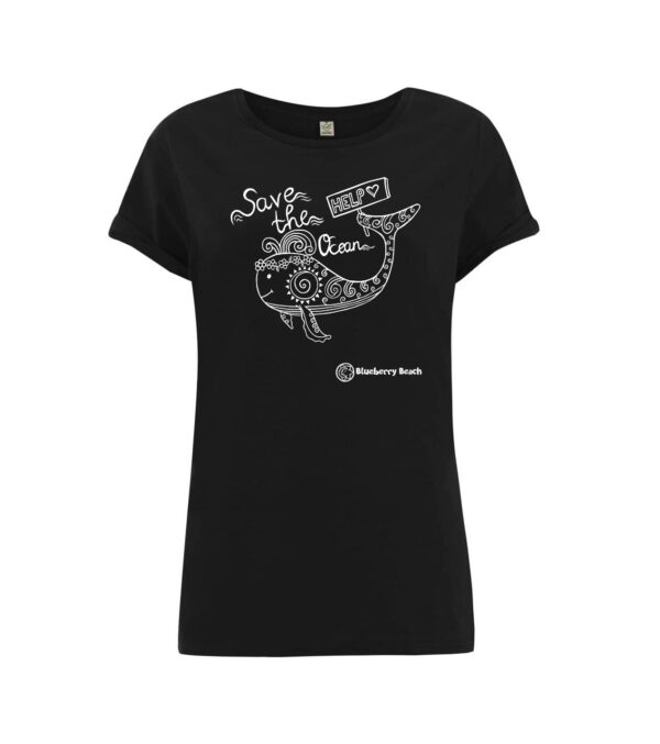 save the ocean whale screen printed black organic women t-shirt