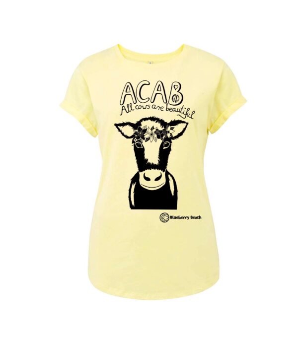 light yellow organic t-shirt cow screenprint acab all cows are beautiful