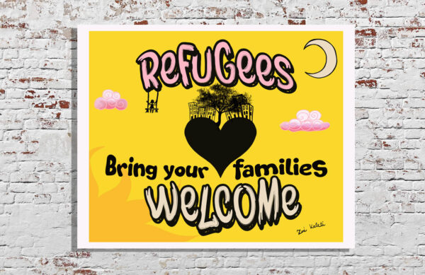 refugees welcome artwork by zoé keleti, yellow backgrounf refugees welcome bring your families text