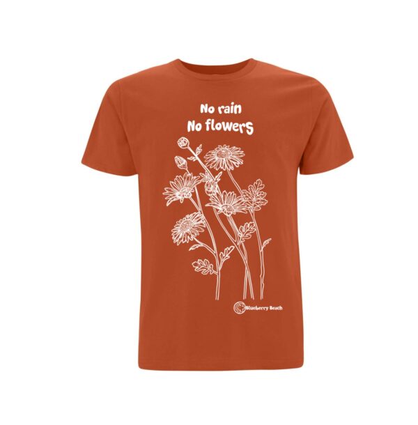 no rain no flowers daisy creen printed organic t-shirt dark orange