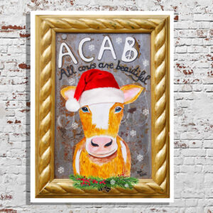 acab all cows are beautiful cow in santa claus hat christmas art print on bamboo paper