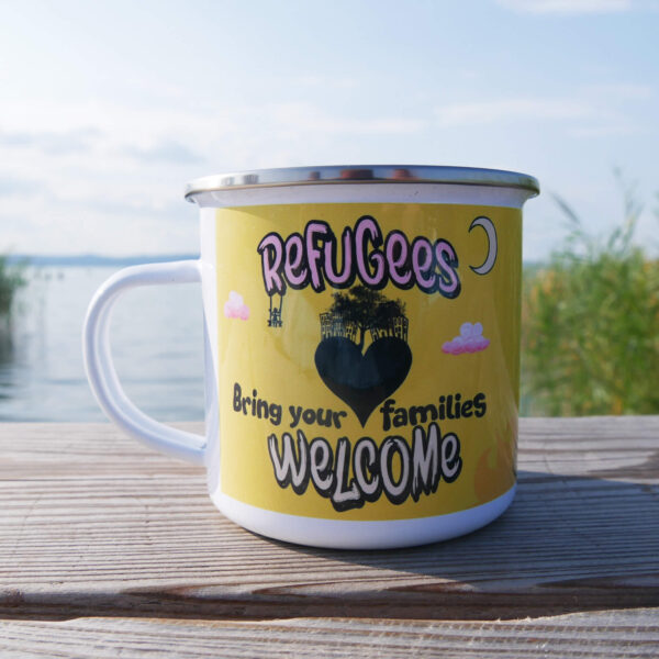 refugees welcome emaille tasse