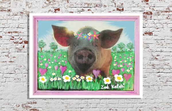 little pig with flower crown standing on a flower field painting by Zoé Keleti