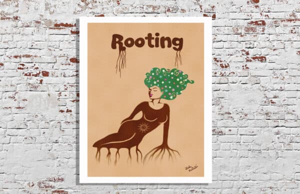 rooting a woman with roots and flower hair above rooting written