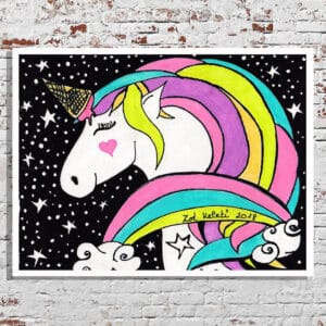 unicorn with an ice cream horn and rainbow art print