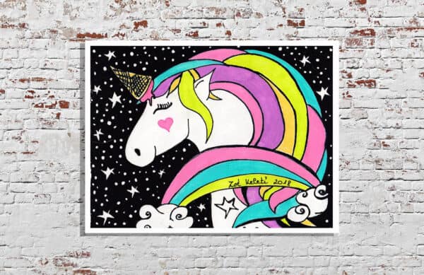 unicorn with an ice cream horn and rainbow art print