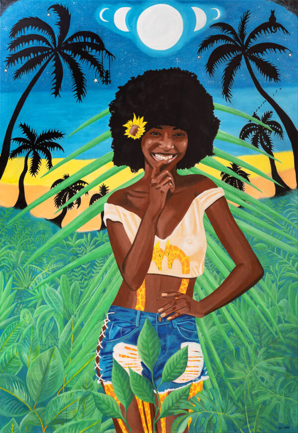 happy venuas black woman with afro standing in the jungle painting