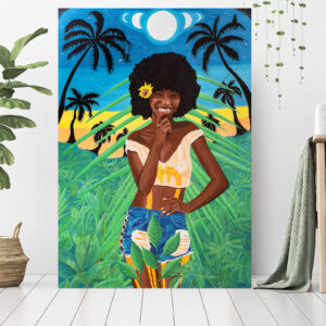 happy venus, balck woman with afro stands in front of palm trees dreamy painting by zoé keleti