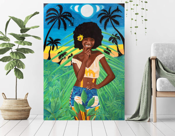 happy venus, balck woman with afro stands in front of palm trees dreamy painting by zoé keleti