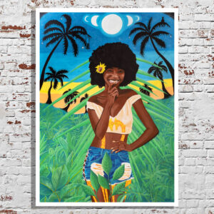 happy venus art print black woman with afro hair standing in the jungle