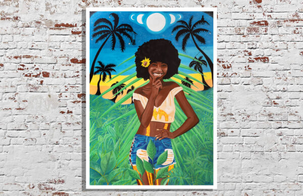 happy venus art print black woman with afro hair standing in the jungle