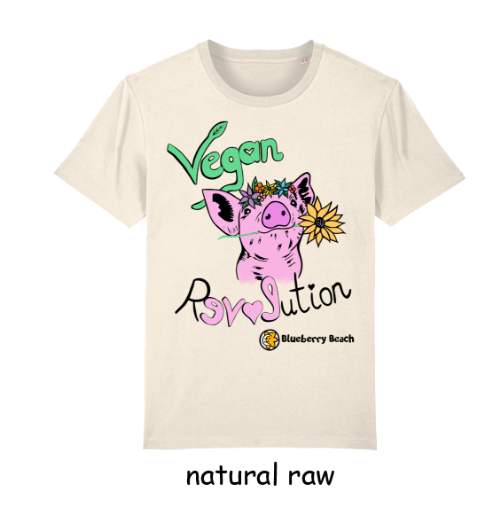 vegan revolution organic t-shirt wuth a pig wearing a flowercrown and flower