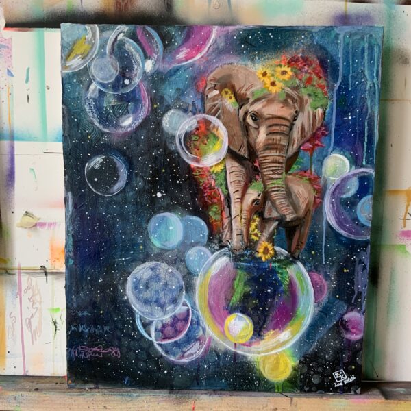 Elefant flying on bubbles oil painting on canvas