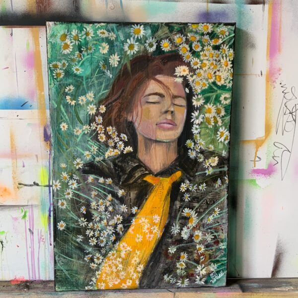 Original oil painting of a woman lying in the flower field