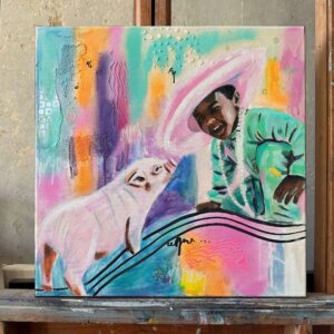 A little pig playing with a black child original oil painting by Zoé Keleti