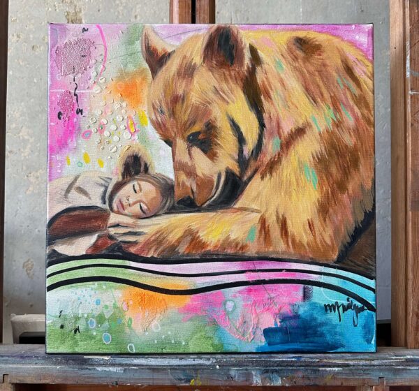 Little girl sleeping bear original oil painting on canvas by Zoé keleti