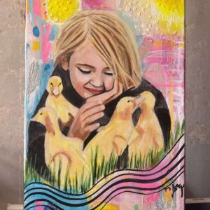 Little girl with baby ducks painting by Zoé keleti