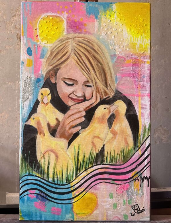 Little girl with baby ducks painting by Zoé keleti