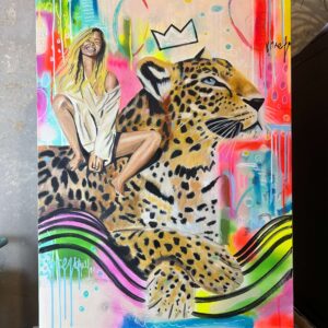 Original painting of a leopard with a happy woman