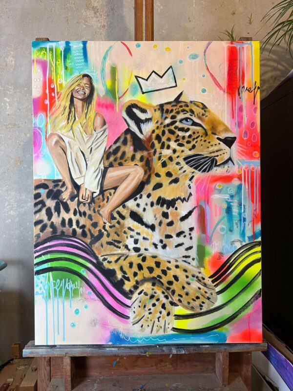 Original painting of a leopard with a happy woman