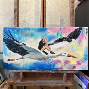 Beautiful blond girl flying on a stork painting by Zoé keleti