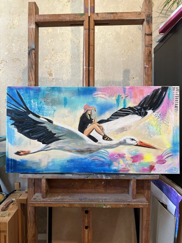 Beautiful blond girl flying on a stork painting by Zoé keleti