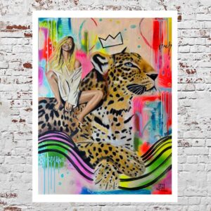 Happy blond woman with leopard original oil painting on canvas by Zoé keleti