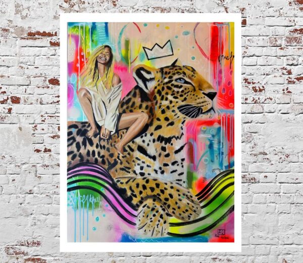 Happy blond woman with leopard original oil painting on canvas by Zoé keleti