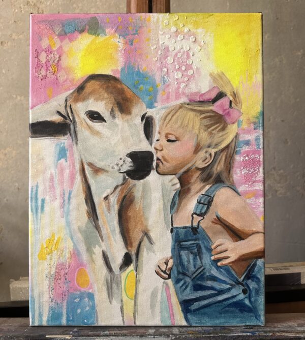 Original oil painting of a little girl kissing a cow on an abstract background