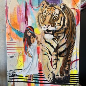 Tiger and boho woman oil painting by Zoé keleti